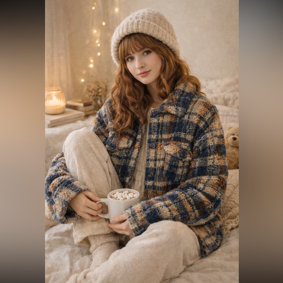 J.O.A. Jackets & Blazers - J.O.A. Plaid Sherpa Teddy Jacket | Cozy Faux Fur Lined Shacket | Size S